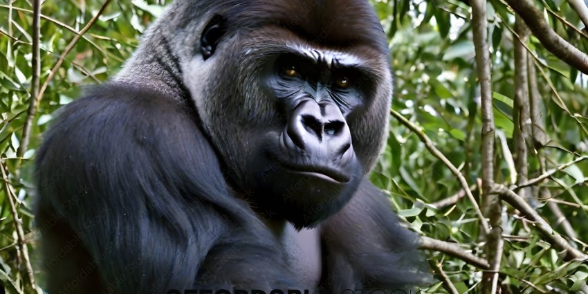 A gorilla with a serious look on its face