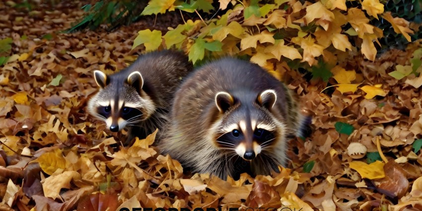 Two Raccoons in Leaves
