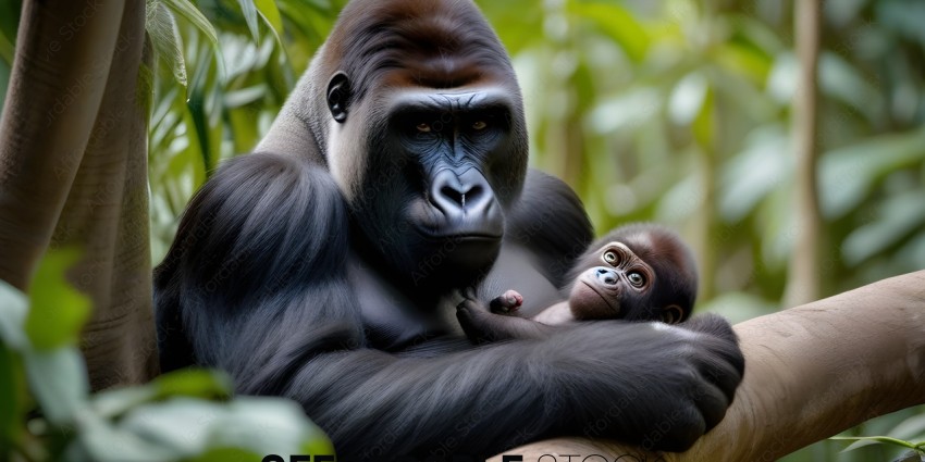 A gorilla holding a baby gorilla