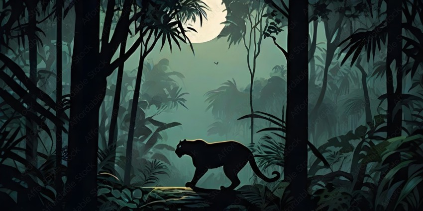A black cat walking through the jungle at night