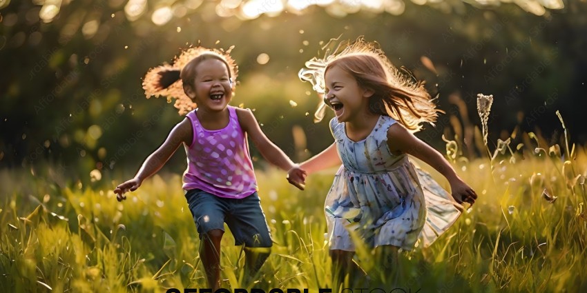 Two little girls laughing and playing in the grass