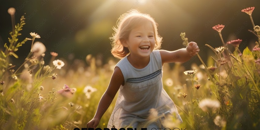 A little girl in a field of flowers smiles and laughs