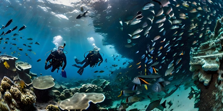 Divers underwater surrounded by fish