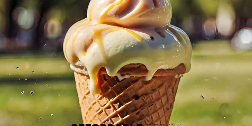 A scoop of ice cream with a drizzle of caramel on top