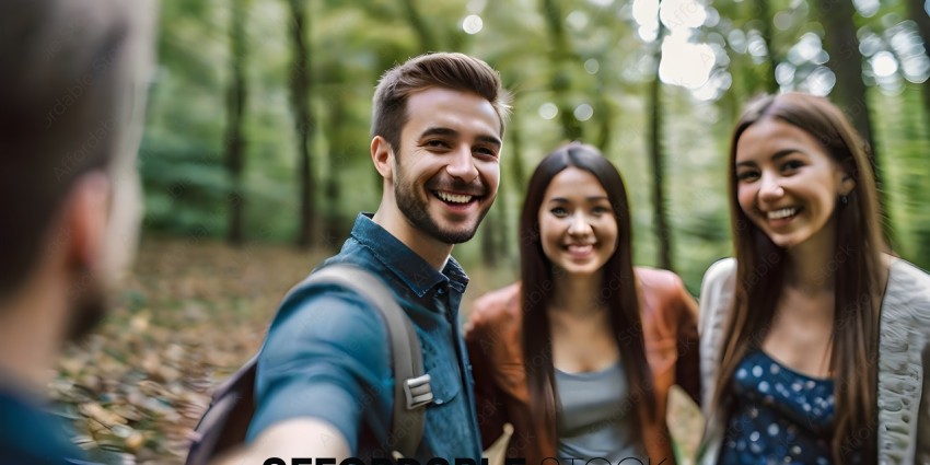A man and a woman are posing for a picture in the woods
