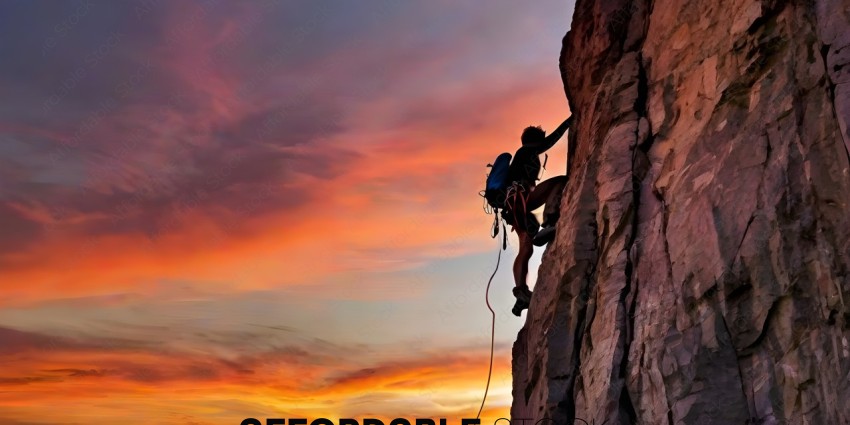 A climber is scaling a rock face at sunset