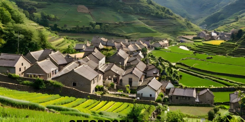 A village with a lot of houses and green grass