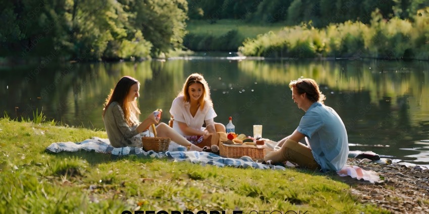 Three people sitting on the grass by a lake