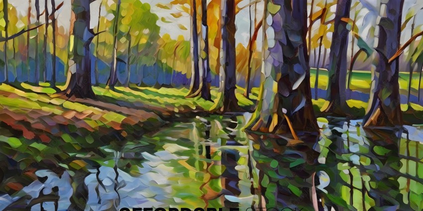 A painting of a forest with a stream running through it