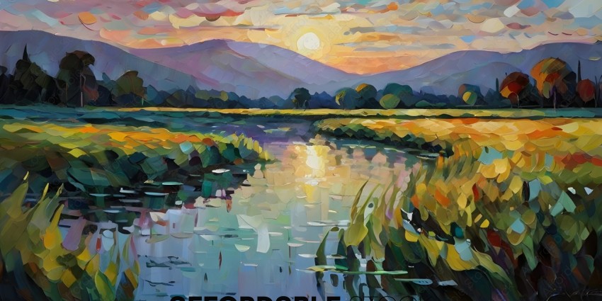 A beautiful painting of a river with a sunset in the background
