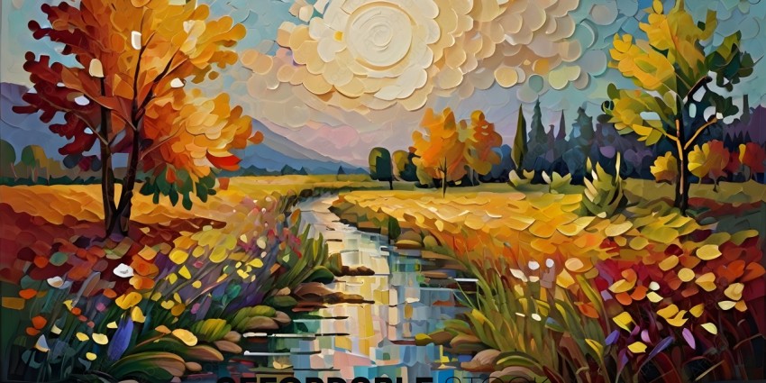 A painting of a stream with trees and a sunset