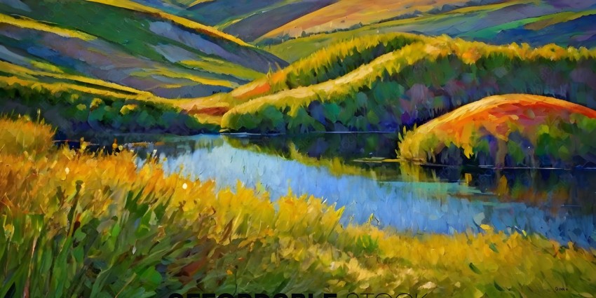 A painting of a valley with a body of water and grass