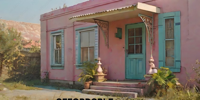 Pink house with green door and white trim