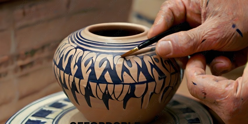 A person is painting a vase with a brush