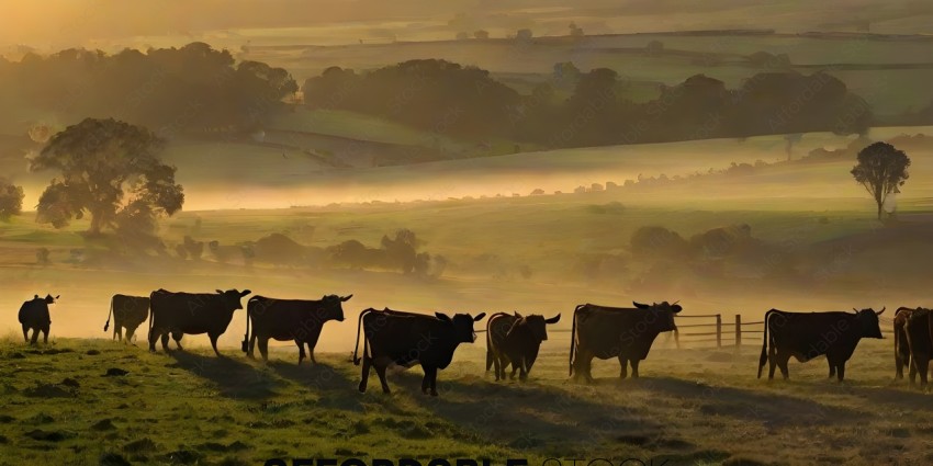 Cows in a field with fog