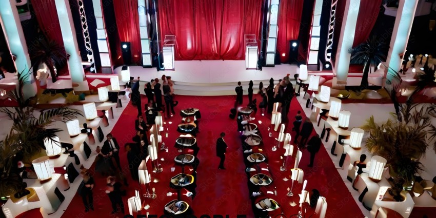 A large group of people in a room with red carpeting and red curtains