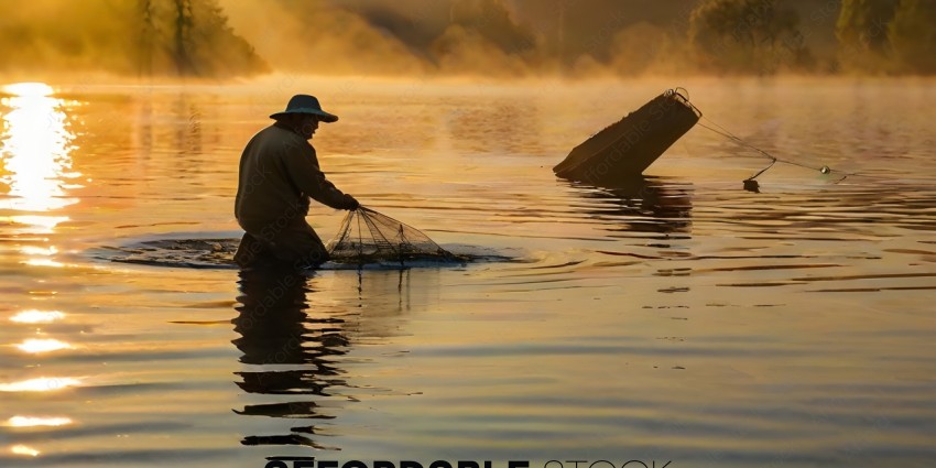 A man fishing in a lake at sunset