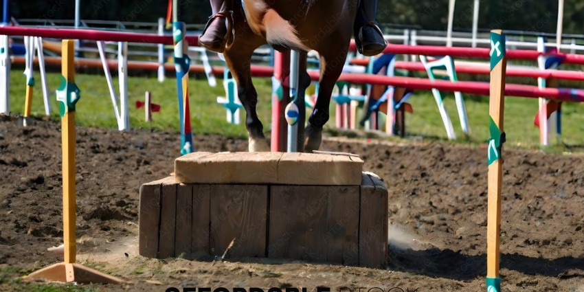 Horse jumping over a wooden hurdle