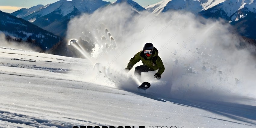 Snowboarder in Green Jacket and Goggles Riding Down a Snowy Slope