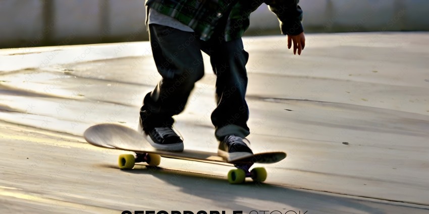 A young boy rides a skateboard on a sidewalk