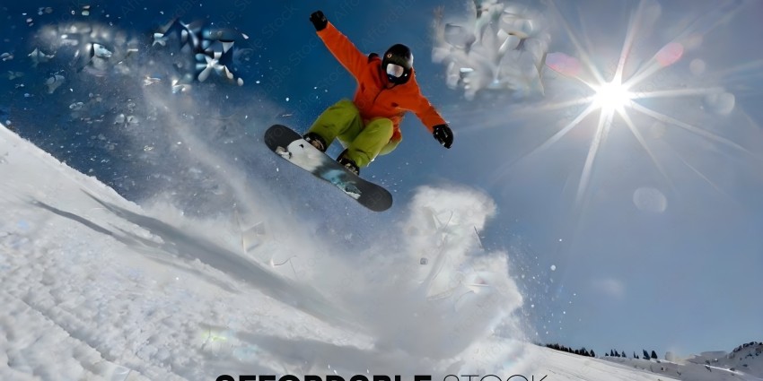 Snowboarder in mid-air, snowy background