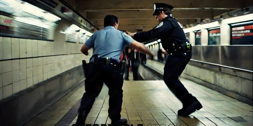 Police officer and civilian fighting on subway platform