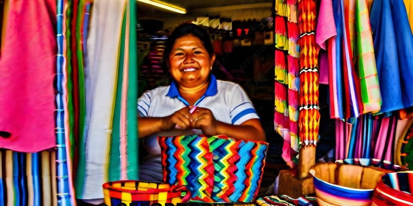 A woman wearing a blue shirt is smiling while holding a colorful woven basket