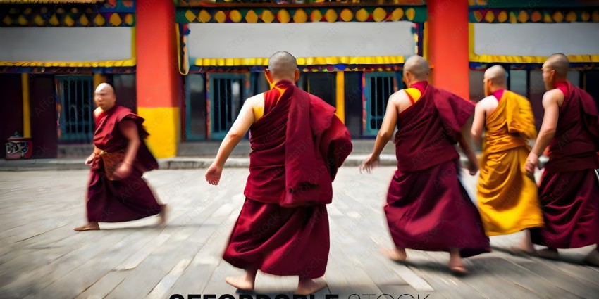 Two Buddhist monks in red robes walking down a street
