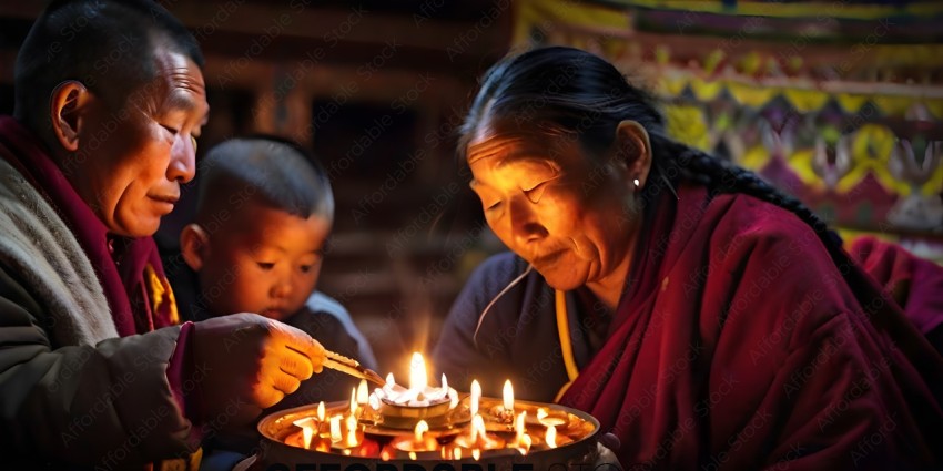 A woman and a child light candles