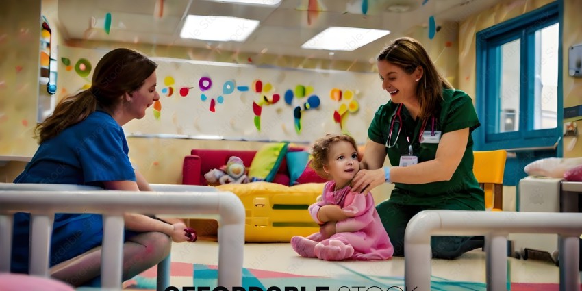 A doctor examines a young girl in a playroom