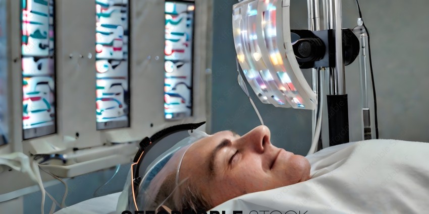 Man wearing headphones and lying in bed with a light on his face