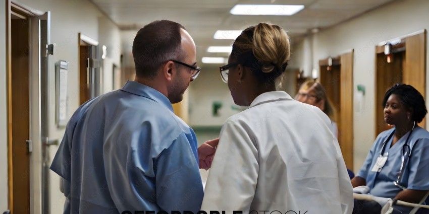A doctor and nurse discussing something