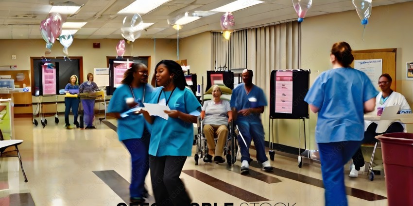 Nurses and patients in a hospital hallway