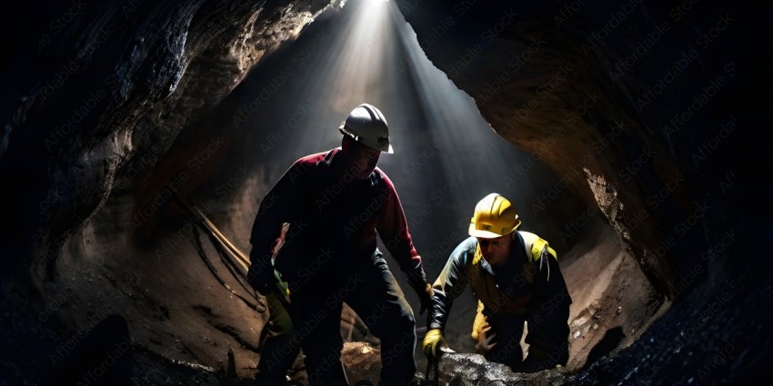 Two men in hard hats are looking at something in a dark tunnel