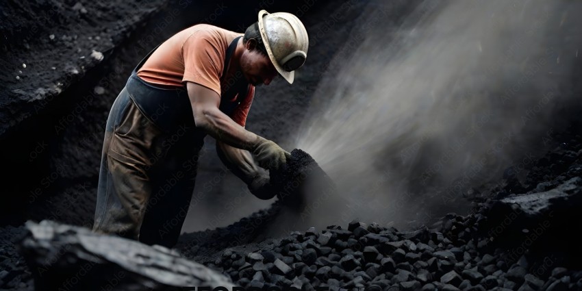A man in a hard hat is shoveling coal
