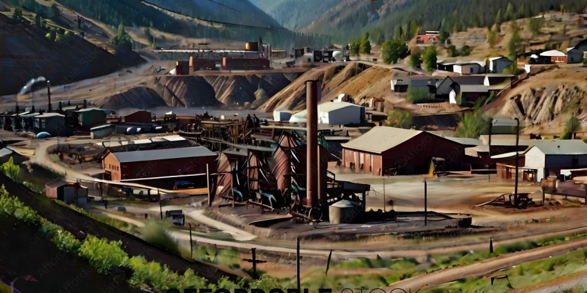 A large industrial plant with a mountain in the background