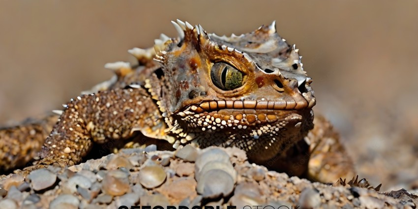 A close up of a lizard's face with a brown and yellow pattern