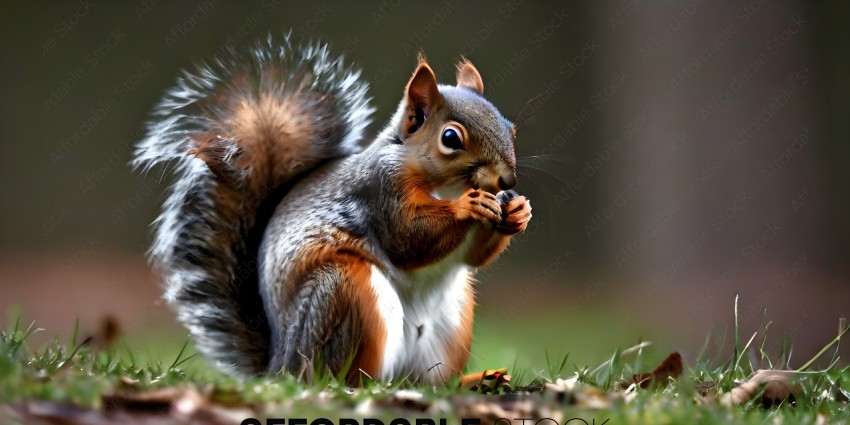 A squirrel eating a nut in the grass