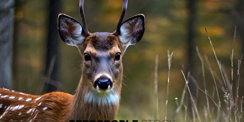 A deer with a white nose and brown spots stares into the camera