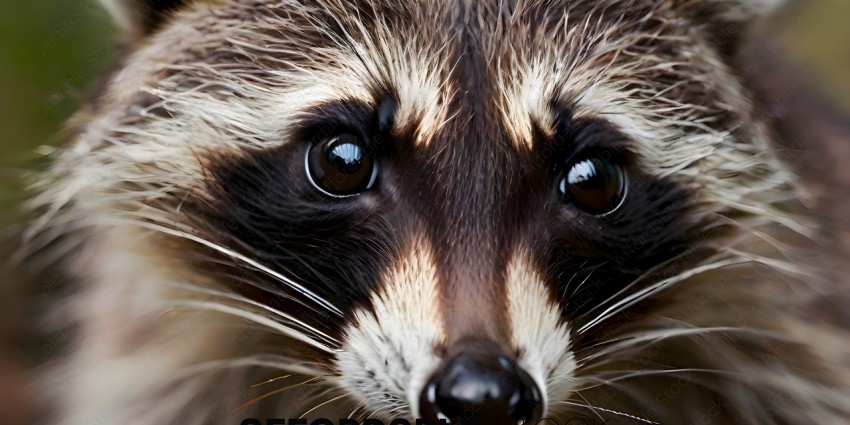 A closeup of a raccoon's face with its eyes open