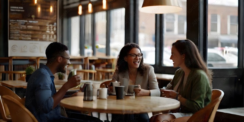 Three people sitting at a table laughing and drinking coffee