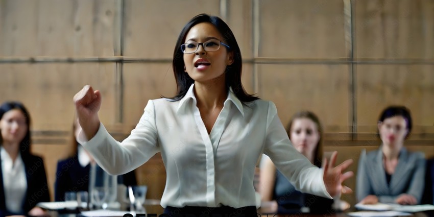 A woman in a white shirt and glasses is speaking