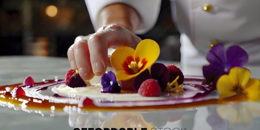 A chef prepares a dessert with berries and flowers