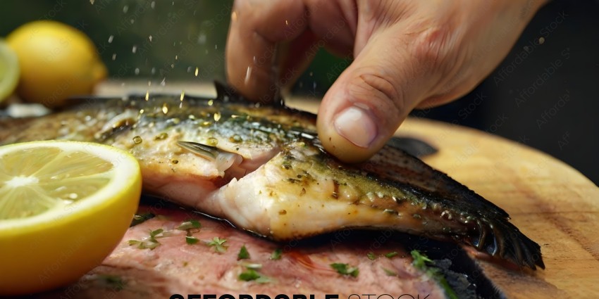 A person is cutting a fish with a knife