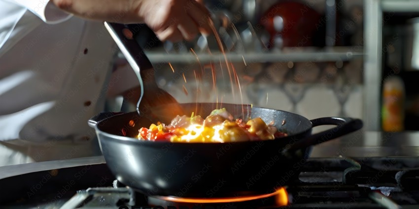 A person is cooking food in a pan