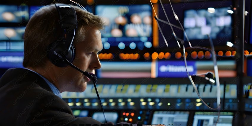 A man wearing headphones is operating a control panel