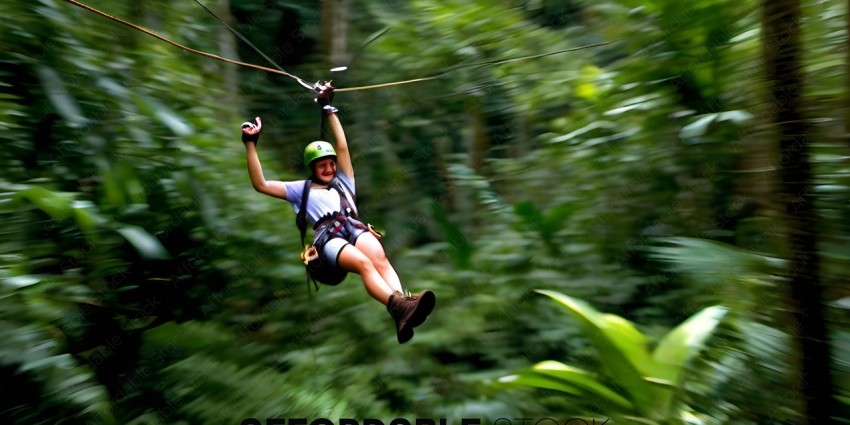 A woman in a green helmet is ziplining through the jungle