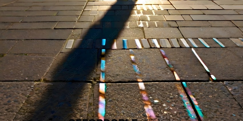 A person's shadow is cast on a brick sidewalk
