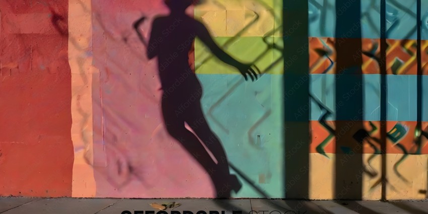 A shadow of a person on a colorful wall
