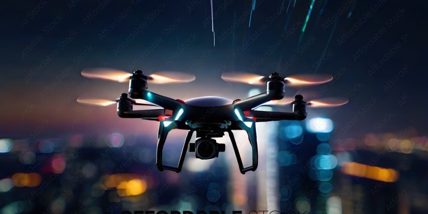 A drone flying over a city at night